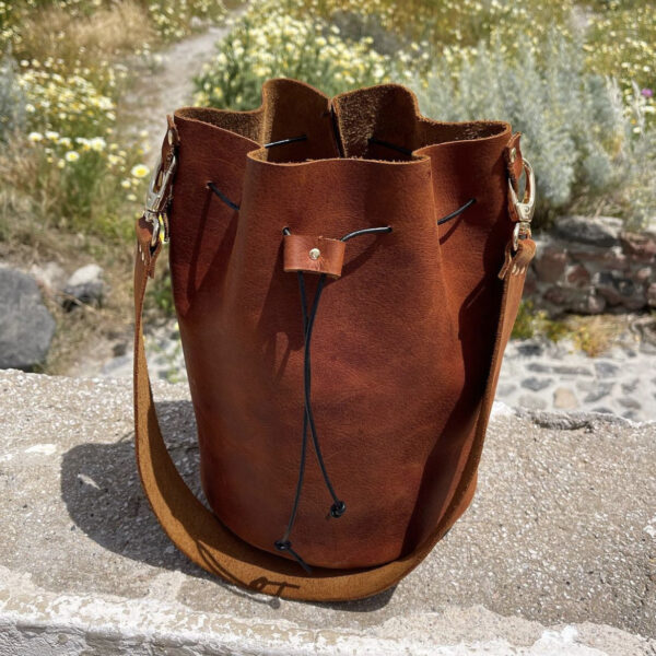 Δερμάτινη Τσάντα Πουγκί Οία καφέ βιντάζ - Image 5