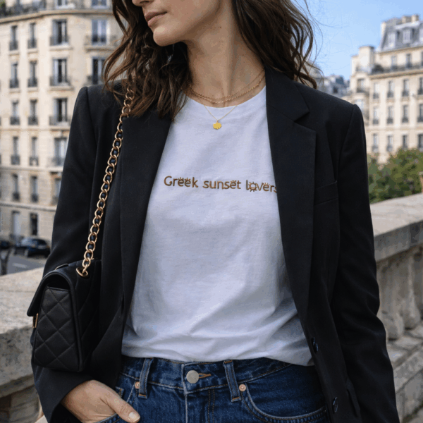 Embroidered T-Shirt with our Greek Sunset Lovers design - Image 4