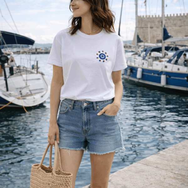 Embroidered T-Shirt with our Sunny Evil Eye Design - Image 3