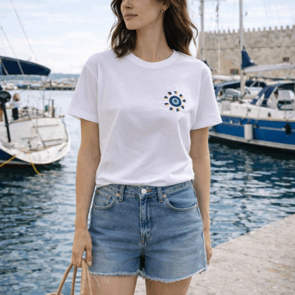 Embroidered T-Shirt with our Sunny Evil Eye Design - Image 2