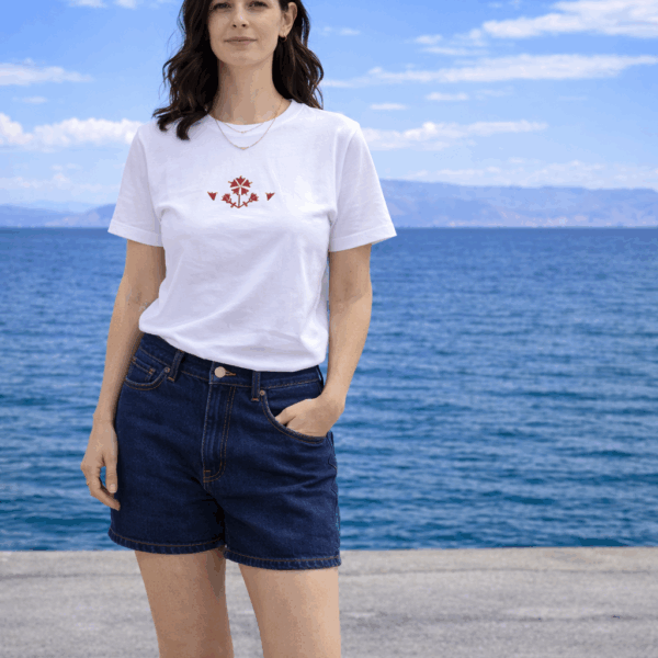 Embroidered T-Shirt with our Traditional Cretan Flower design - Image 2